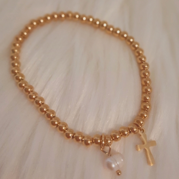 Gold Beaded Bracelet with Gold Cross Charm & Faux Pearl Charm - Picture 5 of 7